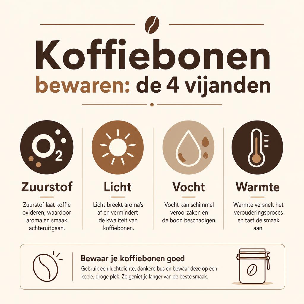 Infographic: de vier vijanden van koffiebonen — zuurstof, licht, vocht en warmte